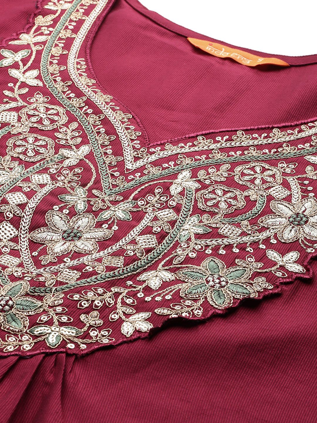 Dhiyona IE Floral Embroidered Pleated Thread Work Liva Kurta With Trousers & Dupatta