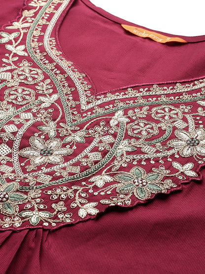 Dhiyona IE Floral Embroidered Pleated Thread Work Liva Kurta With Trousers & Dupatta