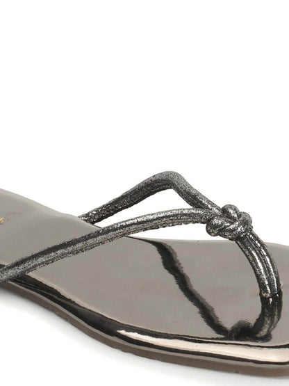 Dhiyona AK Silver-Toned Knotted Textured Open Toe Flats