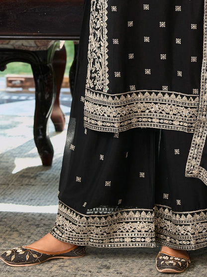 Floral Embroidered Round Neck Mirror Work Straight Kurta With Palazzos & Dupatta