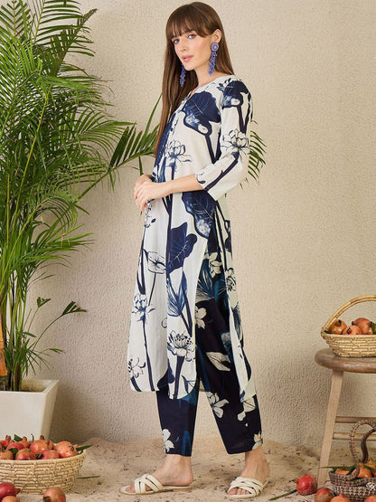 Dhiyona IE Women's Floral Printed Pure Cotton Kurta with Trousers