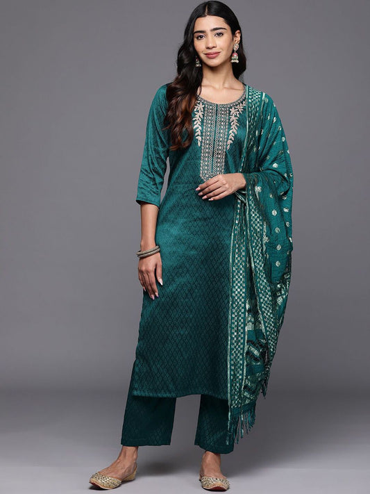 Dhiyona VA Women'sEthnic Motifs Zari Embroidered Yoke Kurta & Trousers With Dupatta