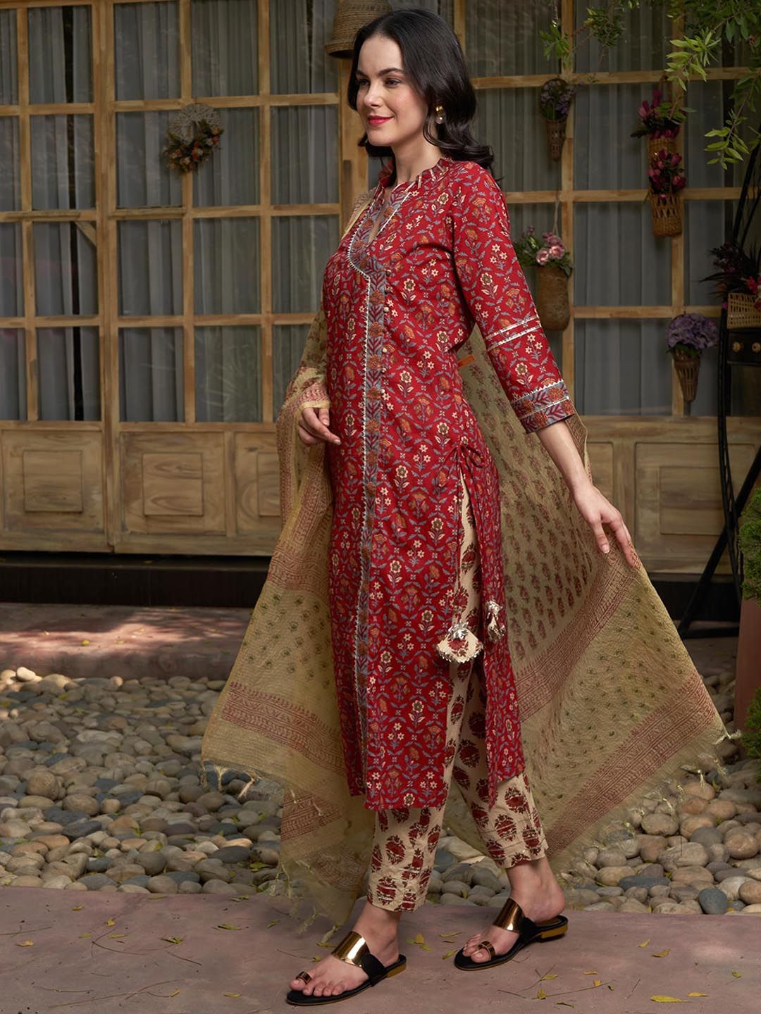 Dhiyona SN Women's Maroon Floral Printed Angrakha Pure Cotton Kurta with Trousers & Dupatta
