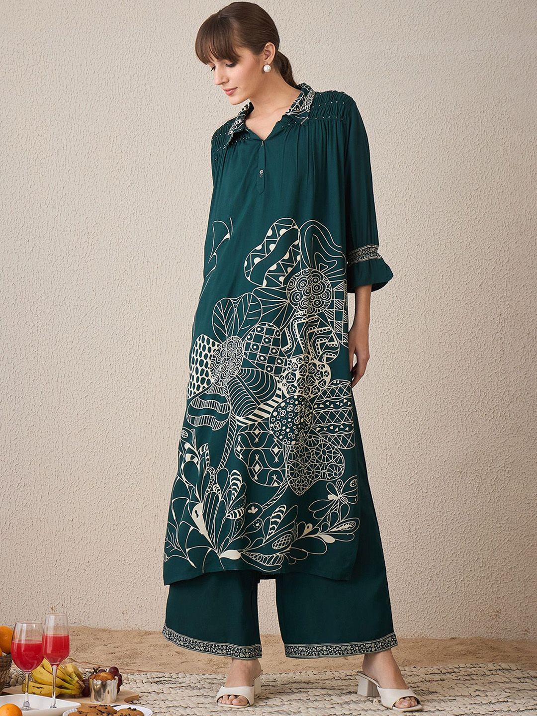 Dhiyona IE Printed Three-Quarter Sleeves Tunic With Palazzo
