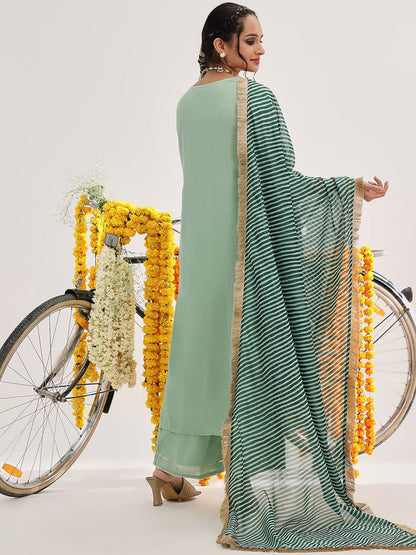 Dhiyona VA Women'sGreen Gotta Patti Detail Straight Kurta & Palazzos With Dupatta