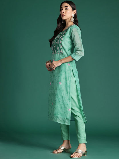 Dhiyona IE Floral Printed Thread Work Chanderi Silk Kurta with Trousers & Dupatta