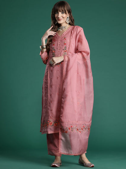 Floral Embroidered Thread Work Kurta with Trousers & With Dupatta