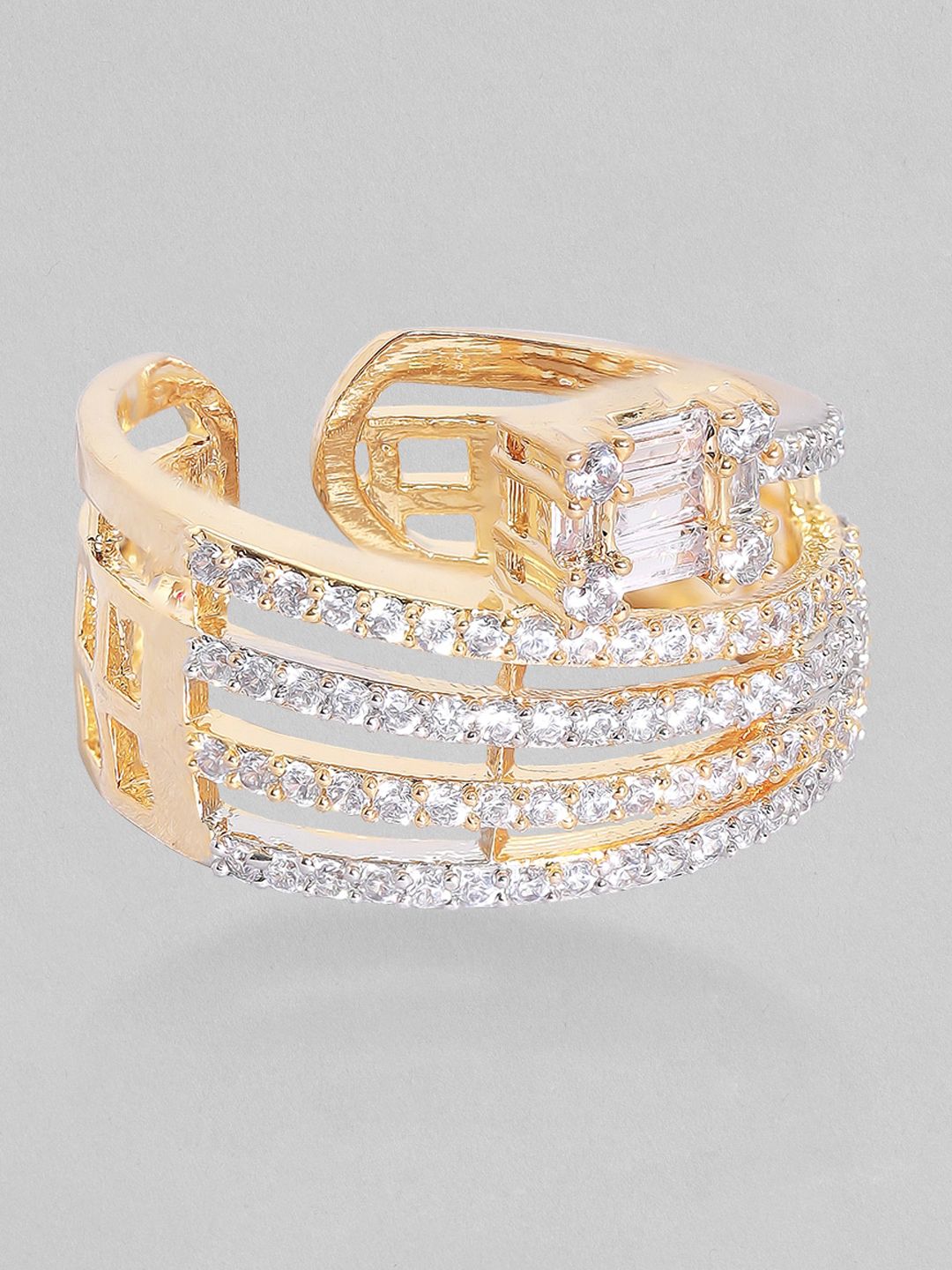 Dhiyona RJ Women's Gold-Plated AD Studded Adjustable Rail Finger Ring