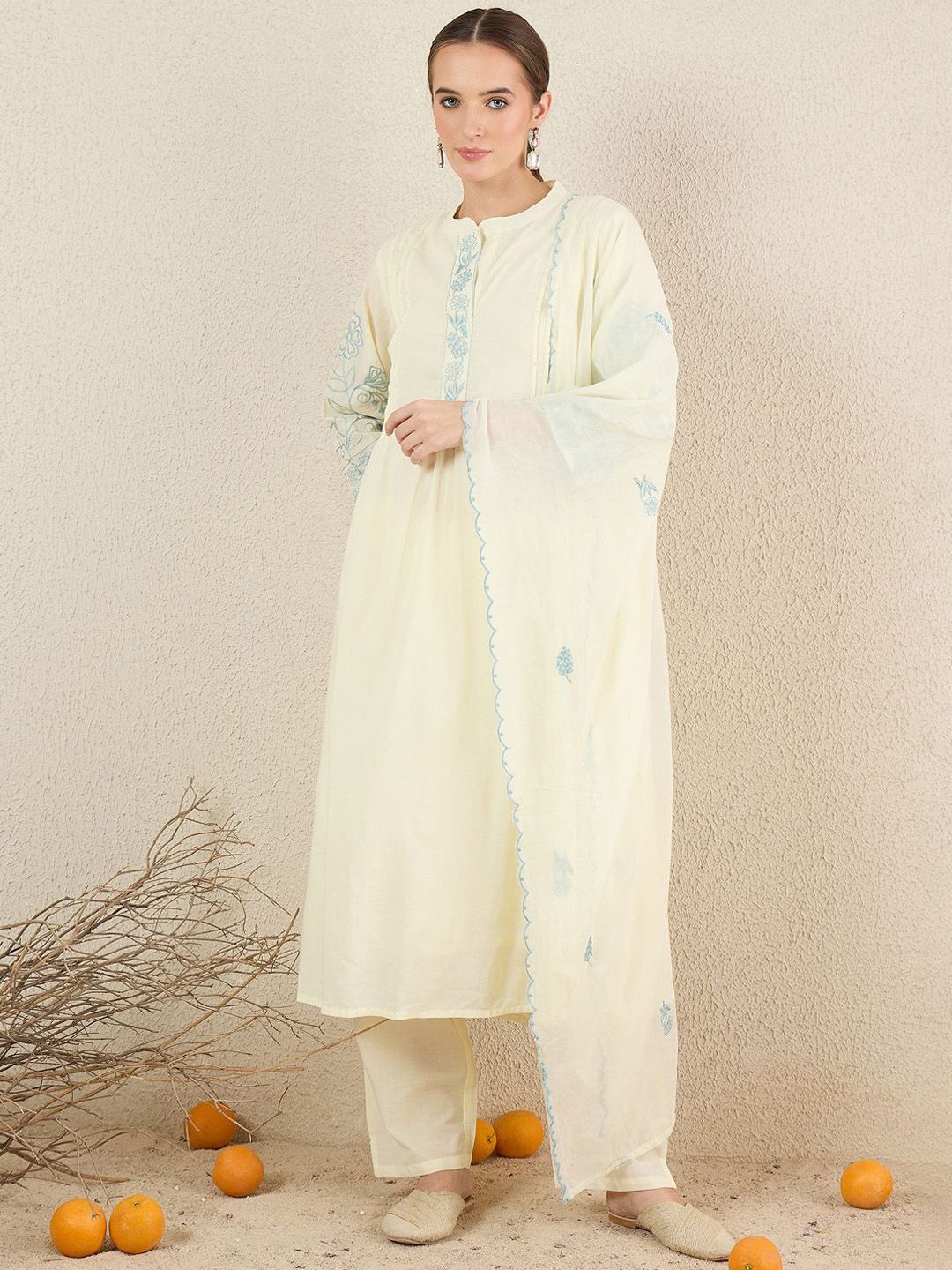 Dhiyona IE Women Solid Embroidered Cotton Kurta with Trousers & Dupatta