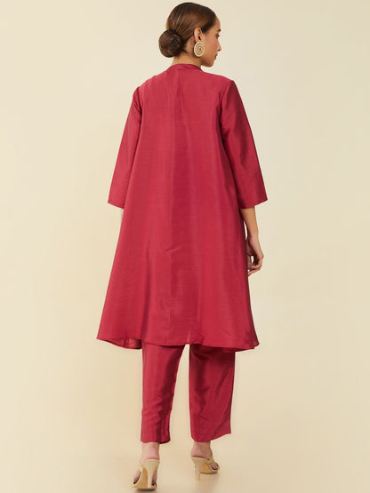 Dhiyona SO Women's Women Maroon Embellished A-Line Kurta with Trousers