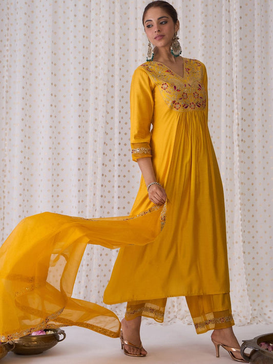 Dhiyona IE Floral Embroidered Empire Liva A-Line Kurta With Palazzo & Dupatta