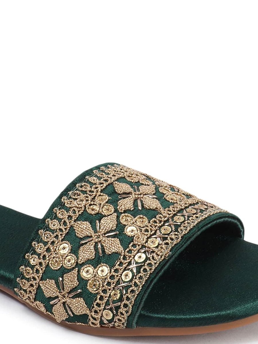 Dhiyona AK Green Embellished Open Toe Flats