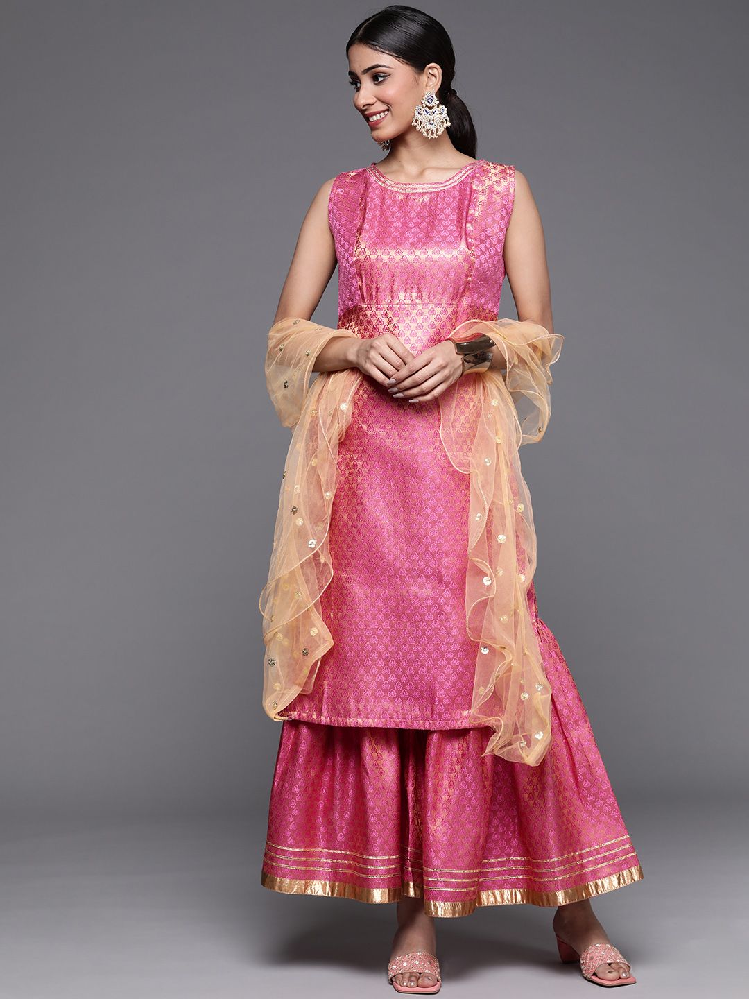 Dhiyona VA Women's Peach-Coloured & Beige Floral Sequinned Kurta with Sharara & With Dupatta