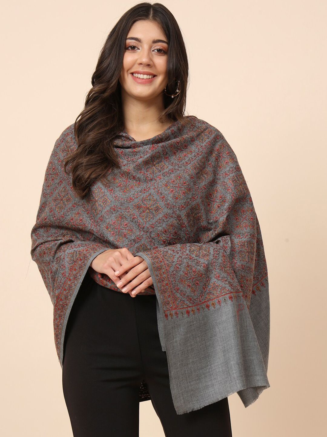 Dhiyona PA Ethnic Motifs Embroidered Pure Woolen Shawl