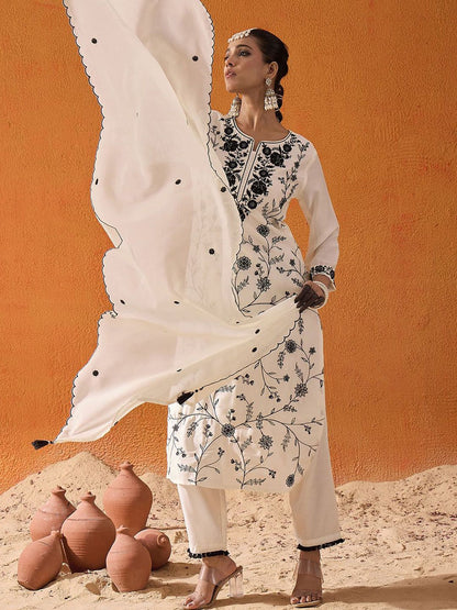 Dhiyona IE Floral Embroidered Thread Work Straight Kurta With Trousers & Dupatta