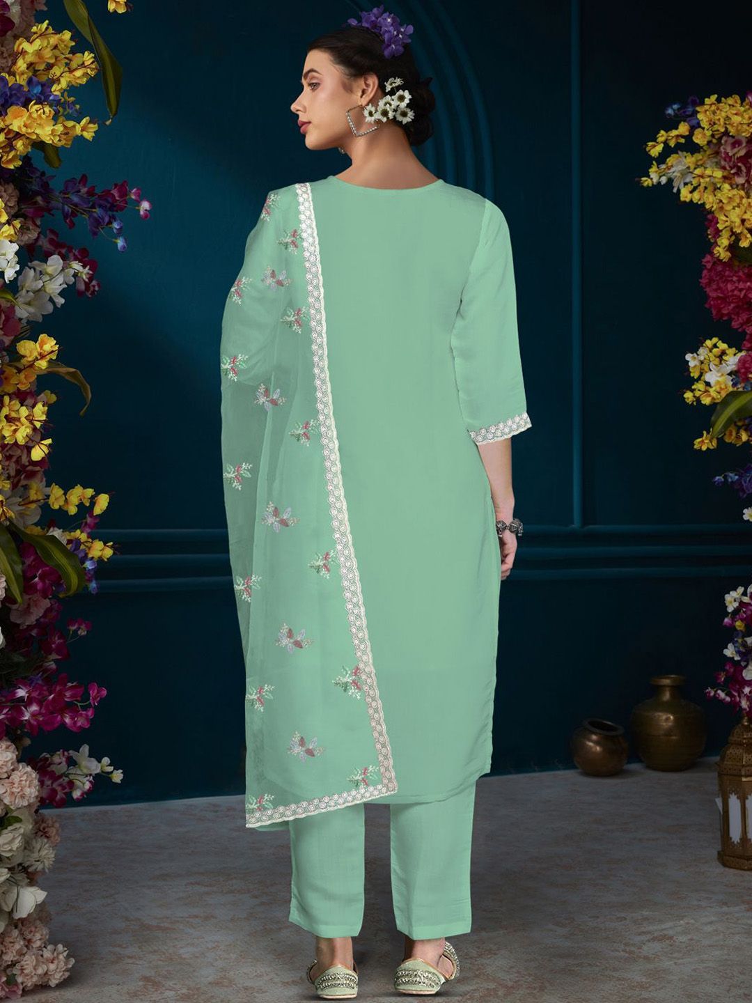 Ethnic Motifs Embroidered Straight Kurta With Trouser & Dupatta