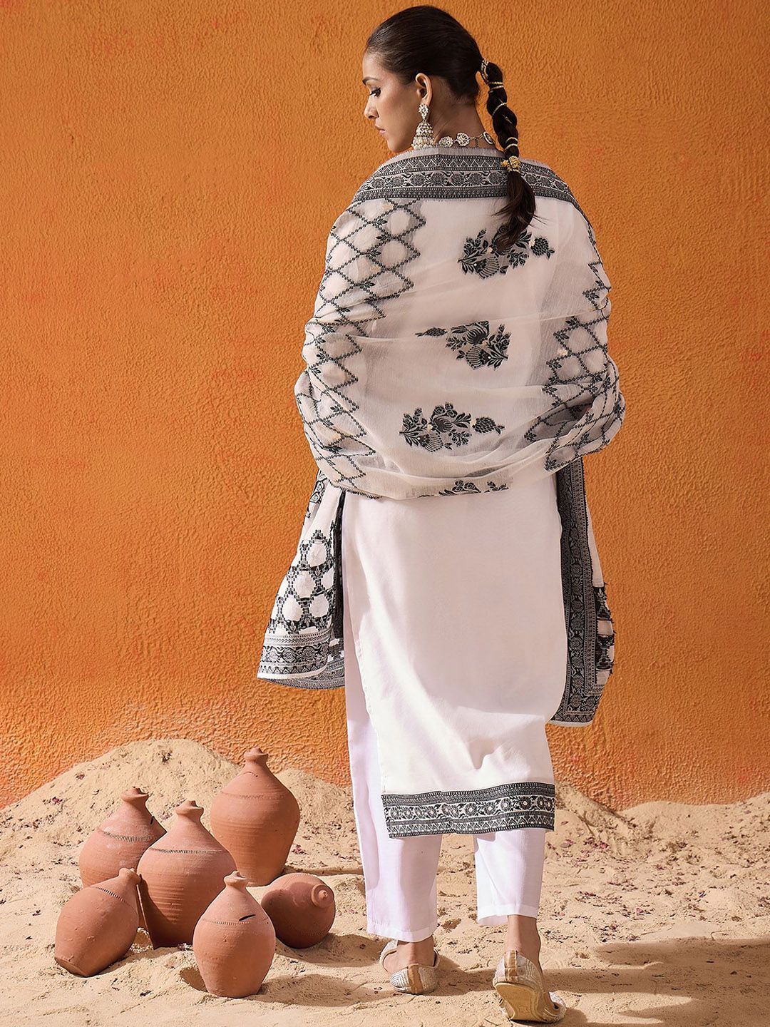 Dhiyona IE White Ethnic Motifs Woven Design Straight Kurta with Trousers & Dupatta