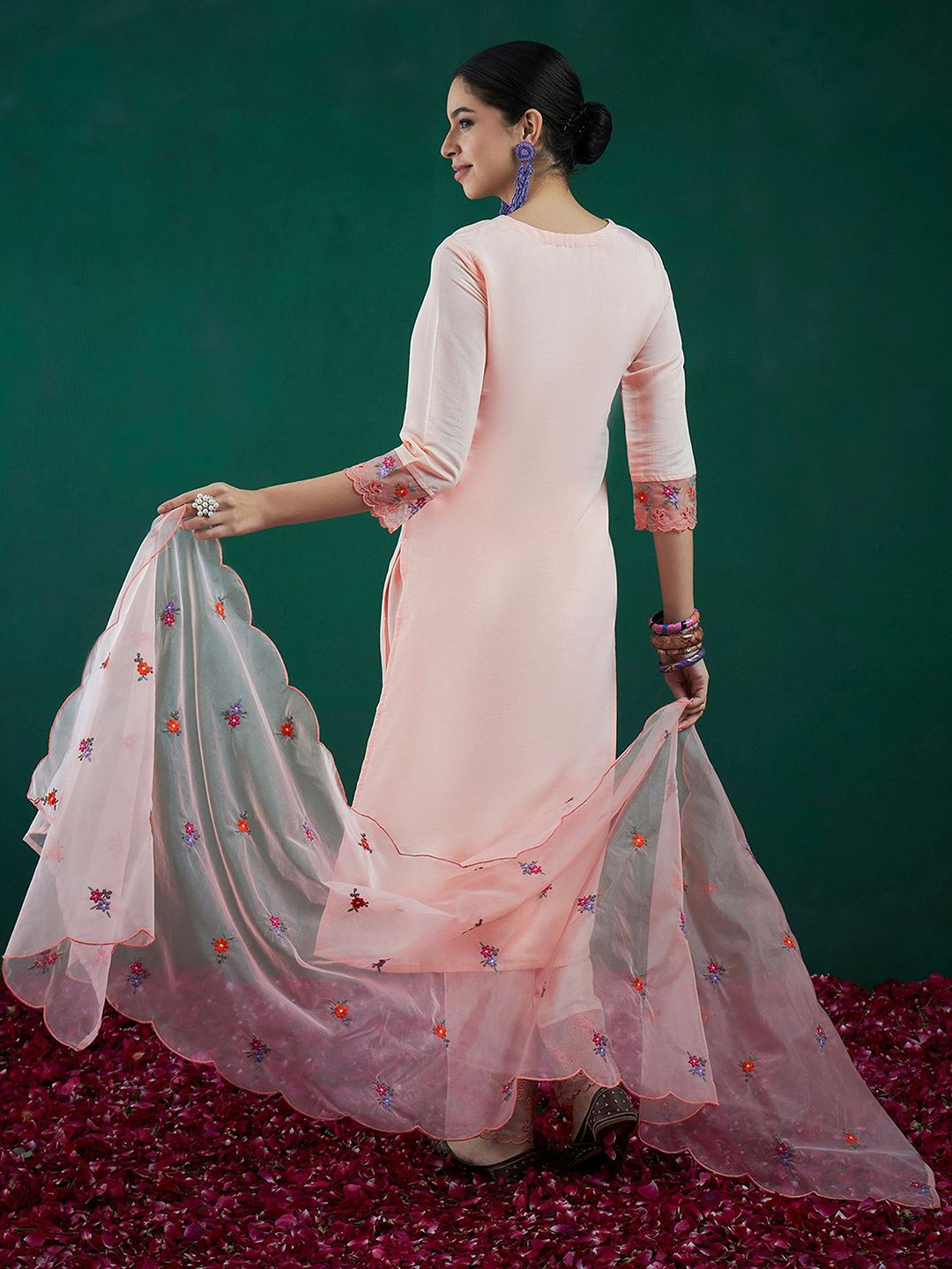 Dhiyona IE Floral Embroidered Straight Kurta With Trousers & Dupatta