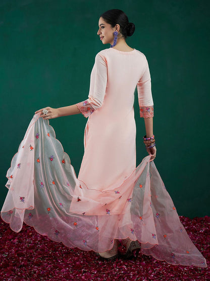 Dhiyona IE Floral Embroidered Straight Kurta With Trousers & Dupatta