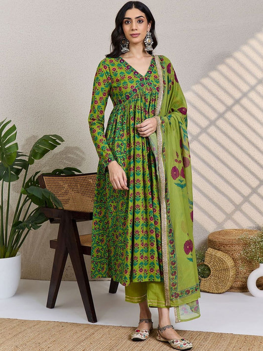 Women Floral Printed Empire Pure Cotton Kurta with Trousers & With Dupatta