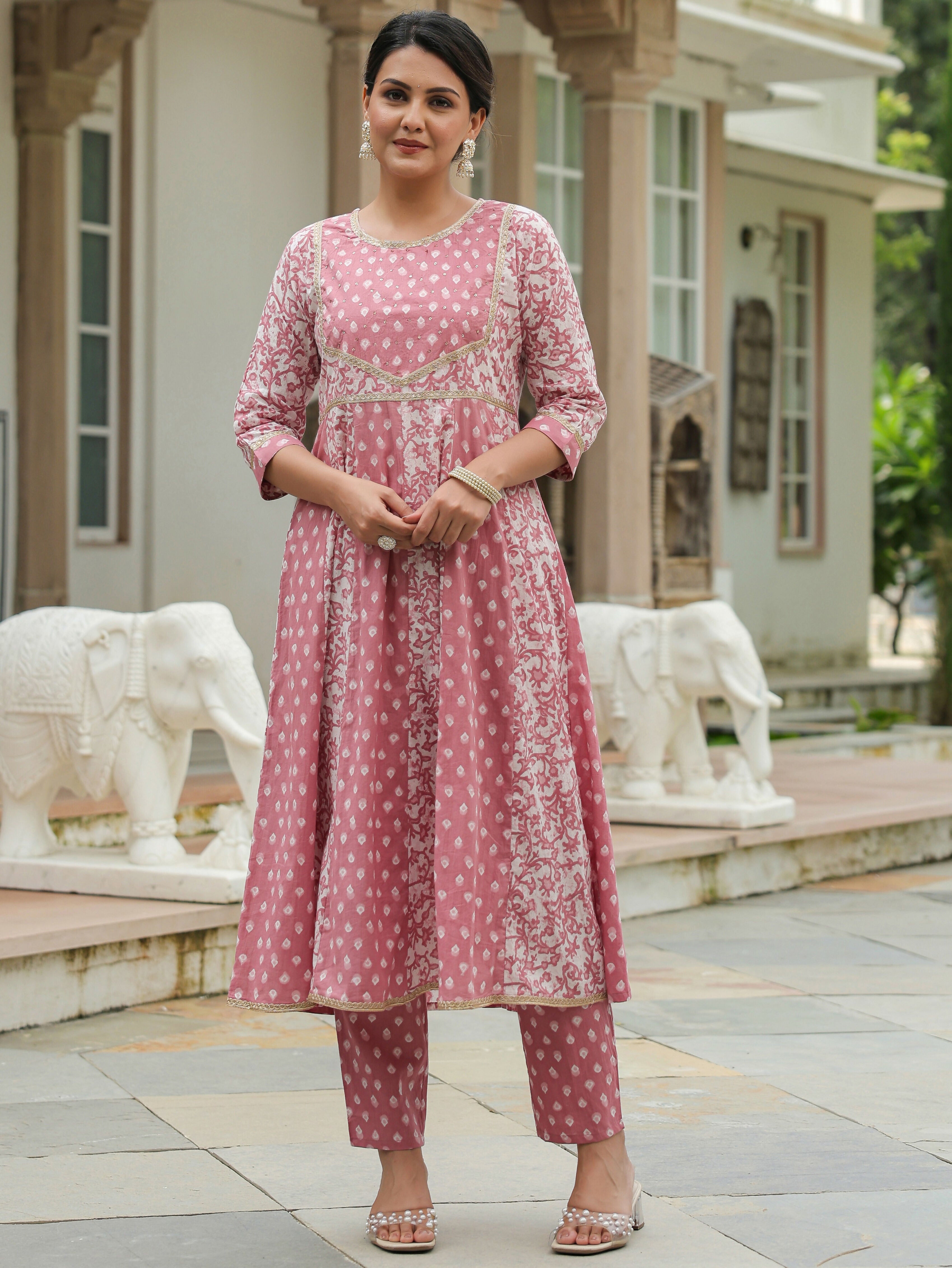 Women's Anarkali Soft Cotton Block Print Women's Kurta - Pink