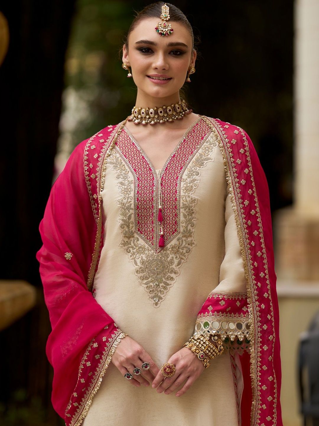 Ethnic Motifs Embroidered V-Neck Mirror Work Kurta With Trousers & Dupatta