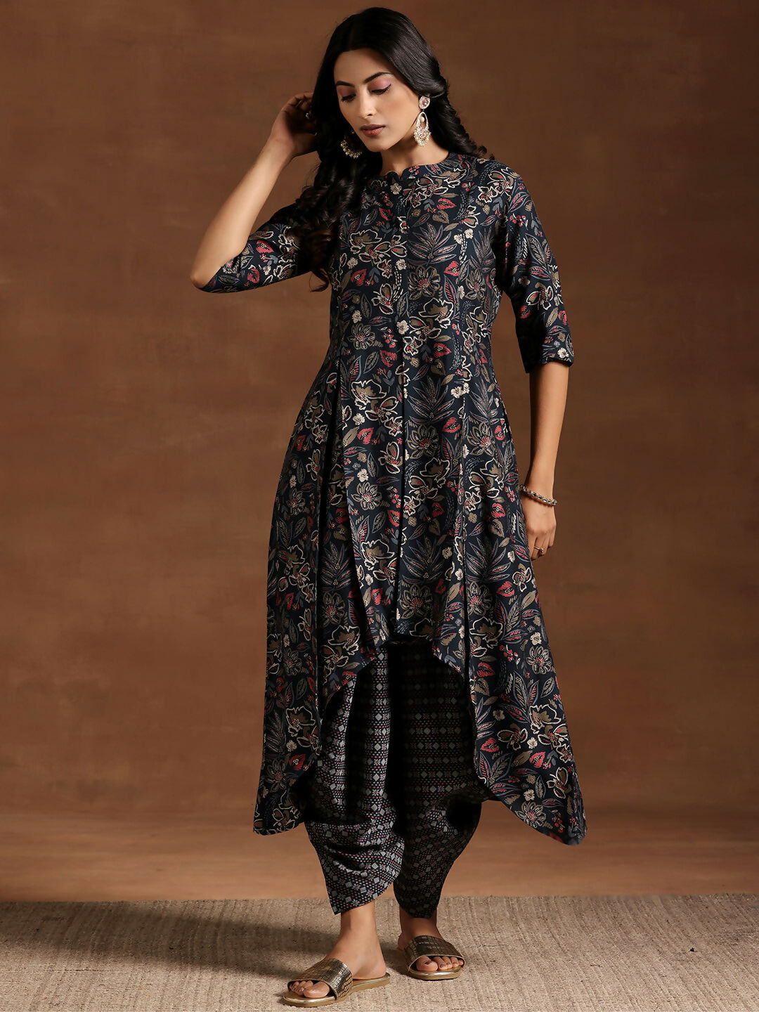 Women's LB Blue Printed Silk Blend A-line Kurta With Salwar