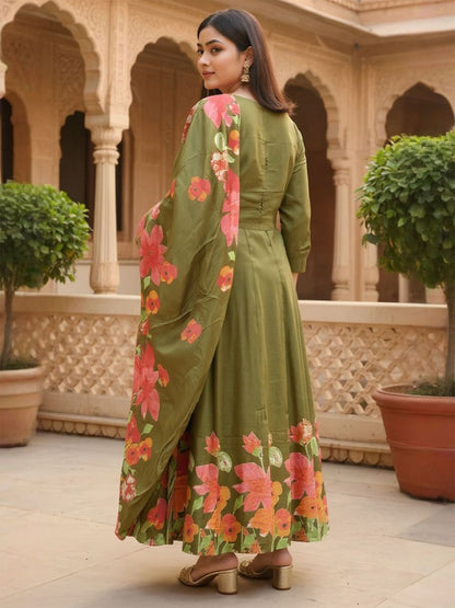 Floral Printed Empire Pure Cotton Kurta With Trousers & Dupatta