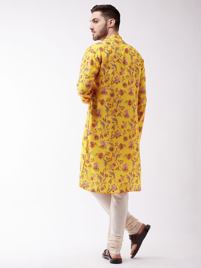 Men's MulticolorBaseMustard Muslin Straight Kurta Pyjama Set