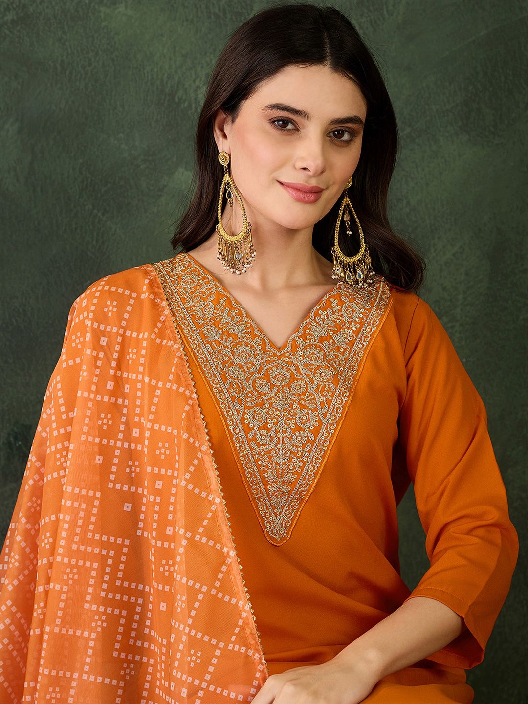 Dhiyona KL Ethnic Motifs Embroidered Round Neck Sequinned Kurta With Trousers & Dupatta