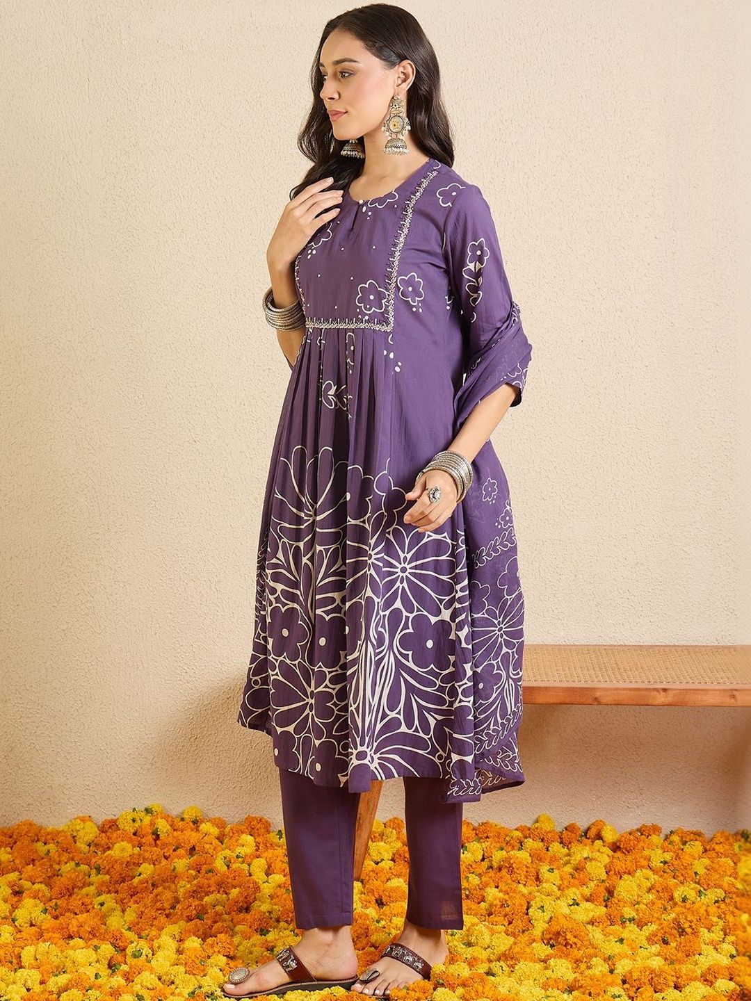 Women Ethnic Motifs Printed Regular Beads and Stones Pure Cotton Kurta with Trousers & With Dupatta