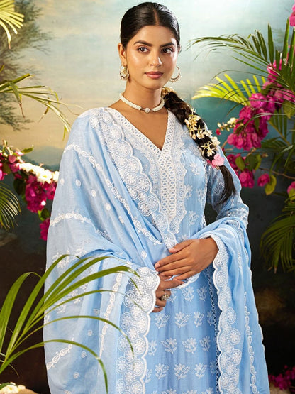 Women Ethnic Motifs Embroidered Chikankari Kurta with Trousers & Dupatta