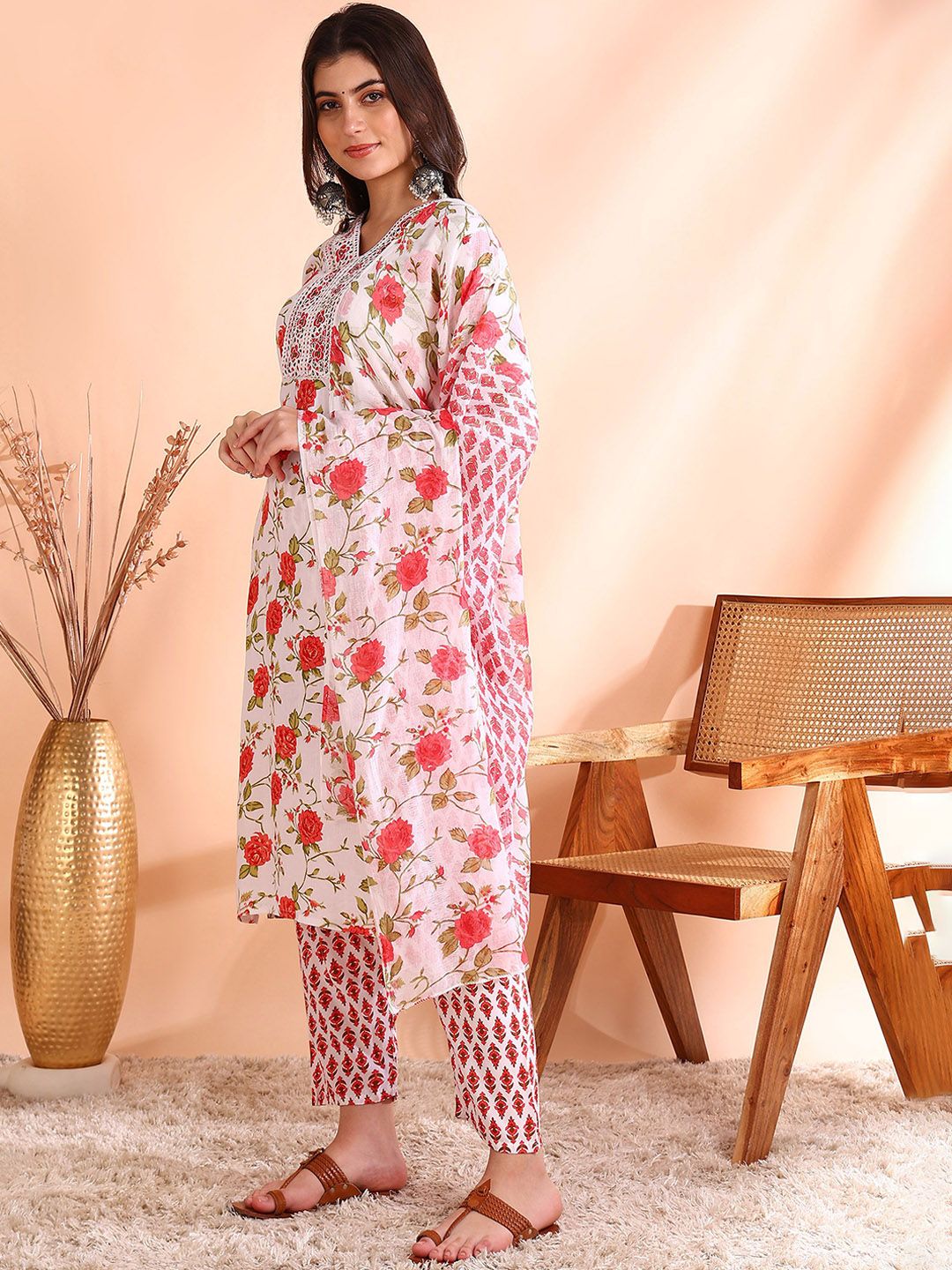 Dhiyona OD  Floral Printed Pure Cotton Kurta with Trousers & Dupatta