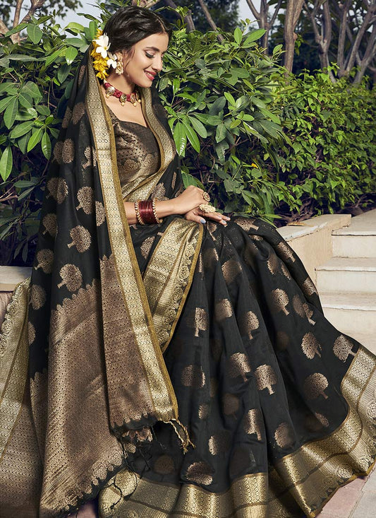 Dhiyona GR Women's Yashomati Leather Black Zari Woven Design Chanderi Cotton Saree