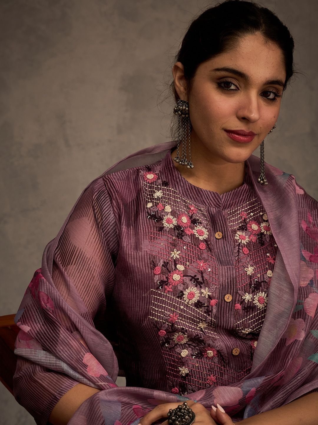 Floral Embroidered Thread Work Chanderi Cotton Kurta with Trousers & Dupatta