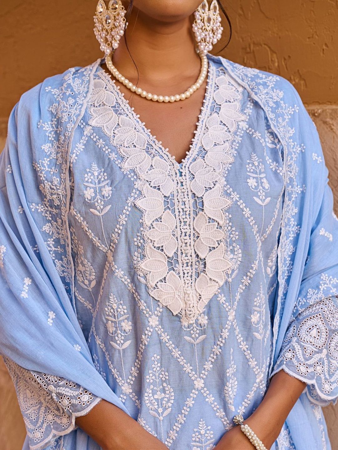 Women Ethnic Motifs Embroidered Regular Chikankari Pure Cotton Kurta with Trousers & With Dupatta