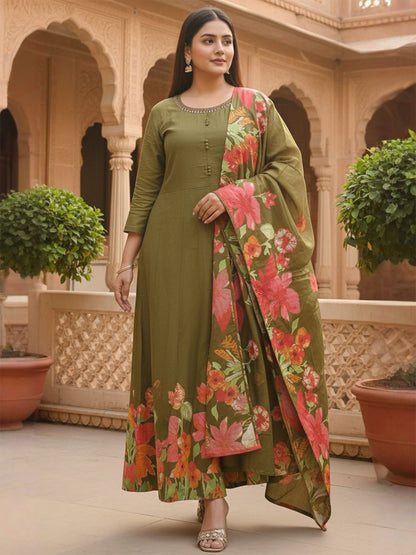 Floral Printed Empire Pure Cotton Kurta With Trousers & Dupatta