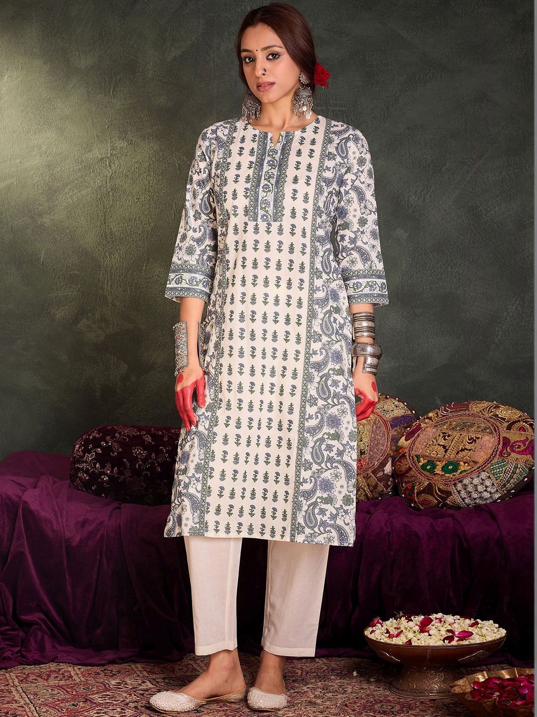 Women Ethnic Motifs Printed Panelled Pure Cotton Kurta with Trousers & With Dupatta