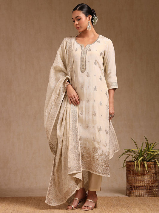 Dhiyona SO Women's Ethnic Motifs Embroidered Notch Neck Sequinned Straight Kurta With Trousers & Dupatta