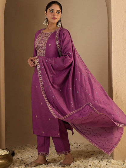 Dhiyona IE Women's Ethnic Motifs Embroidered Thread Work Straight Kurta With Trousers & Dupatta