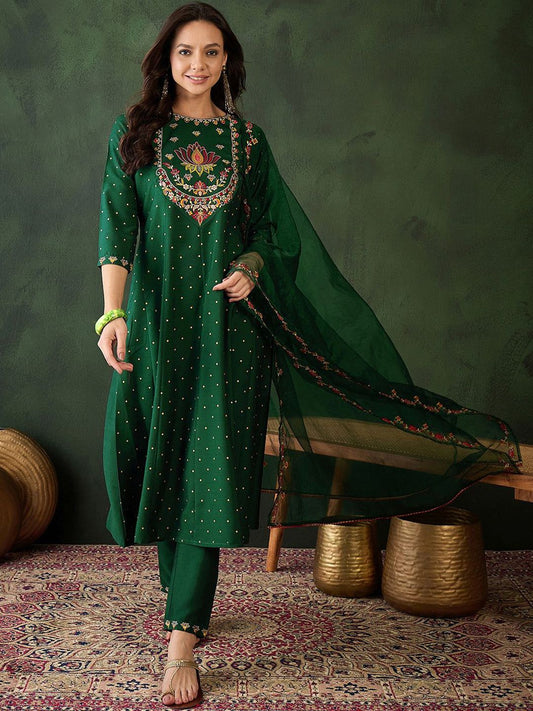 Dhiyona SN Women's Floral Embroidered Zari Sequence A Line Kurta & Trouser With Dupatta