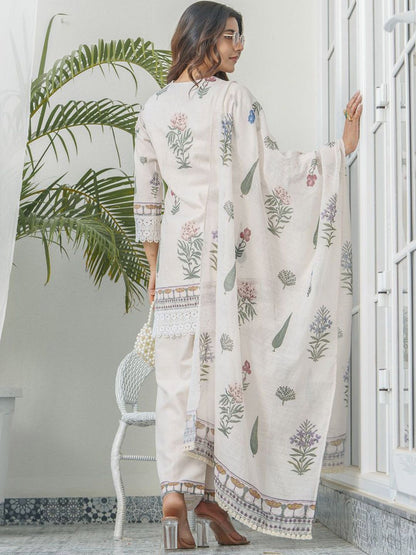 Dhiyona PD Women Floral Printed V-Neck Sequinned Straight Kurta With Trouser & Dupatta