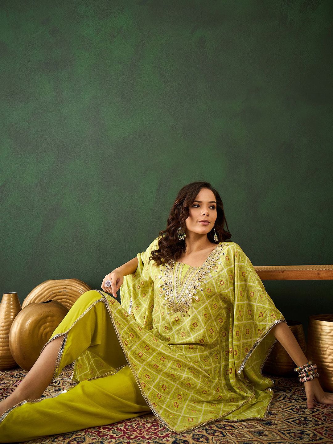 Dhiyona SN Women's Green Bandhani Printed Gotta Patti Asymmetric Kaftan With Dhoti Pant