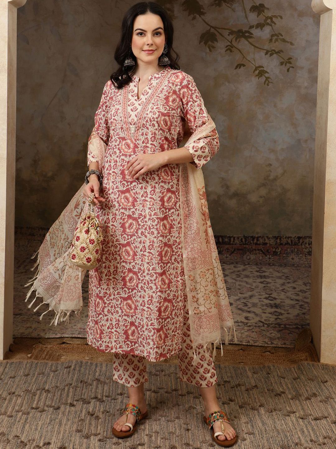 Dhiyona SN Women's Floral Printed Mandarin Collar Pure Cotton Kurta With Trousers & Dupatta
