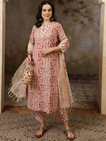 Dhiyona SN Women's Floral Printed Mandarin Collar Pure Cotton Kurta With Trousers & Dupatta