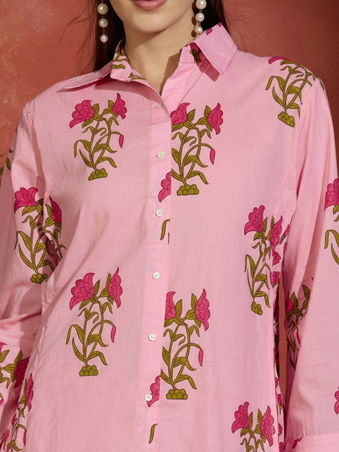 Floral Printed Shirt Collar Pure Cotton Straight Kurta With Trousers