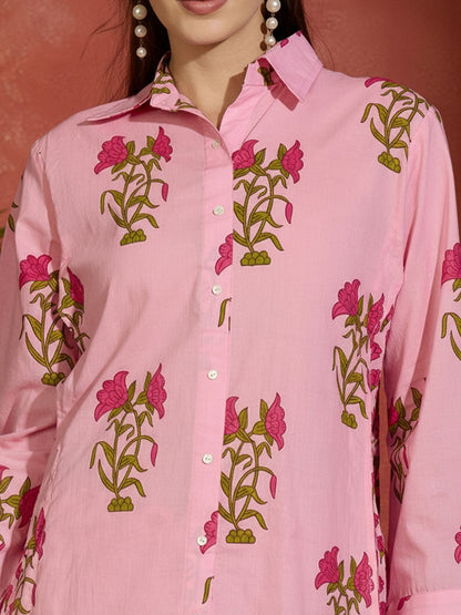 Floral Printed Shirt Collar Pure Cotton Straight Kurta With Trousers