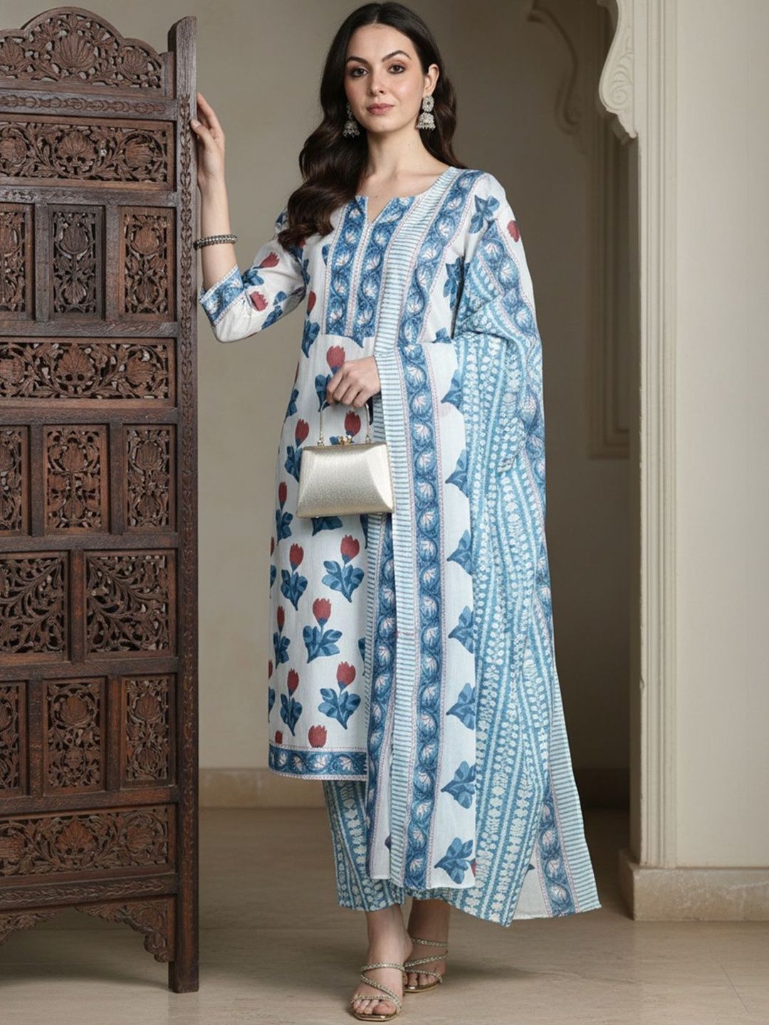 Floral Printed Pure Cotton Kurta With Trousers & Dupatta