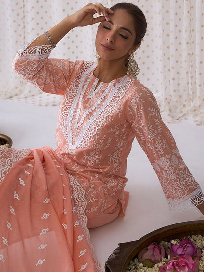 Floral Embroidered Pure Cotton Straight Kurta With Trousers & Dupatta