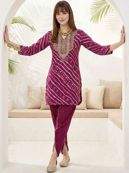 Dhiyona CH Women Leheriya Printed Regular Sequinned Kurta with Dhoti Pants